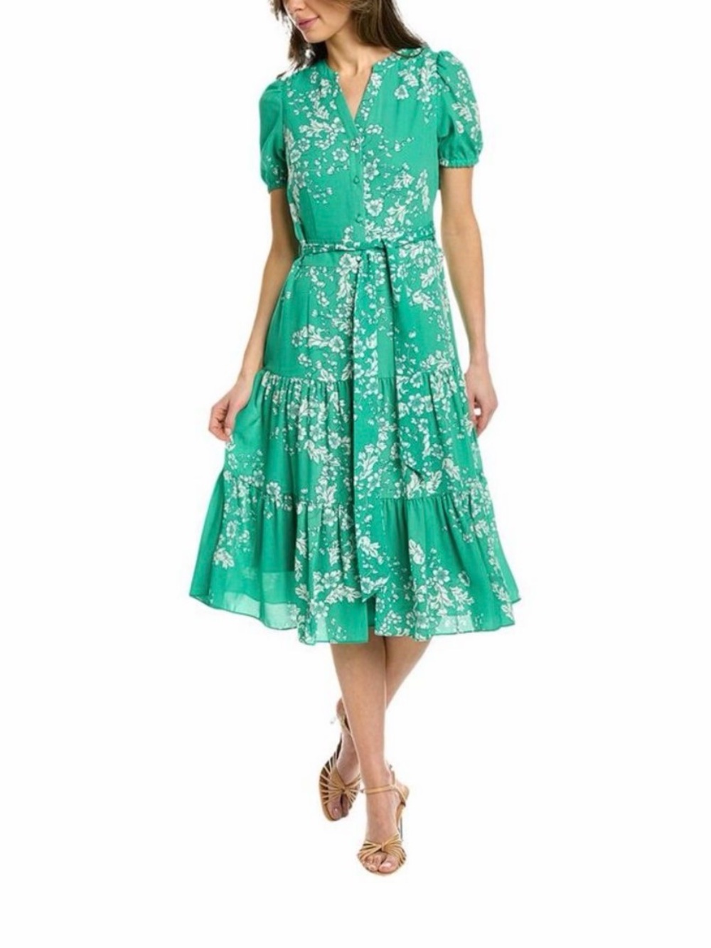 Nanette Lepore Green Floral Tie-Waist Midi Dress